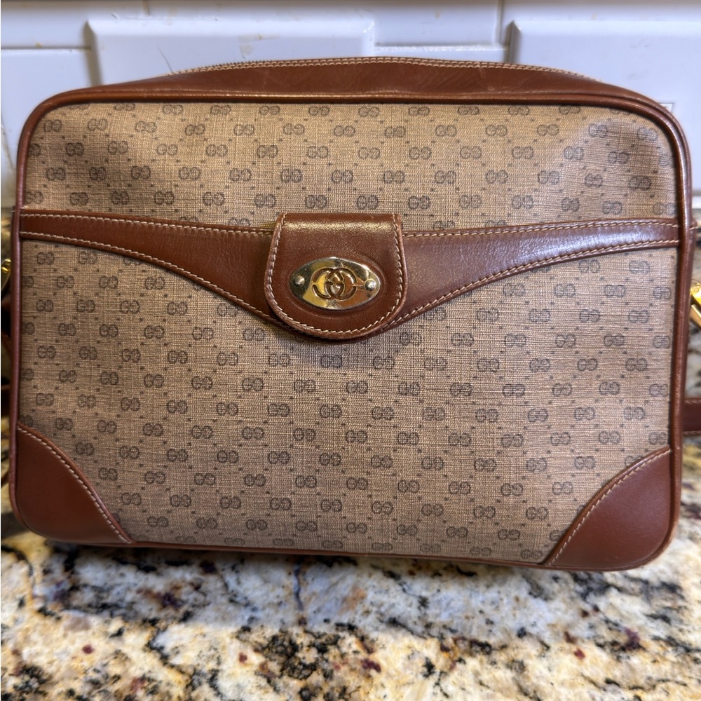 Gucci Brown Monogram Canvas and Tan Leather Crossbody Bag AND matching wallet